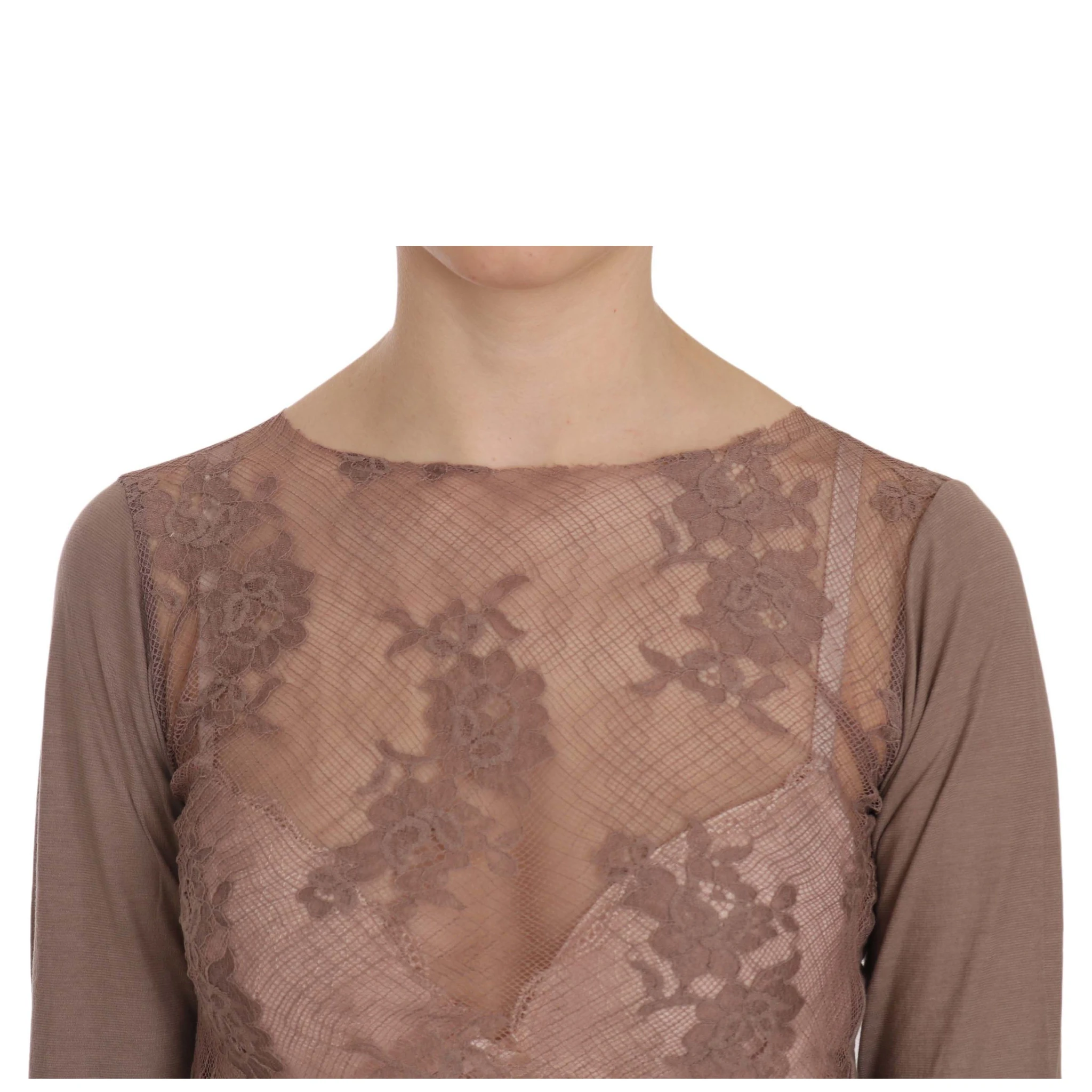 Brown Lace See Through Long Sleeve Top