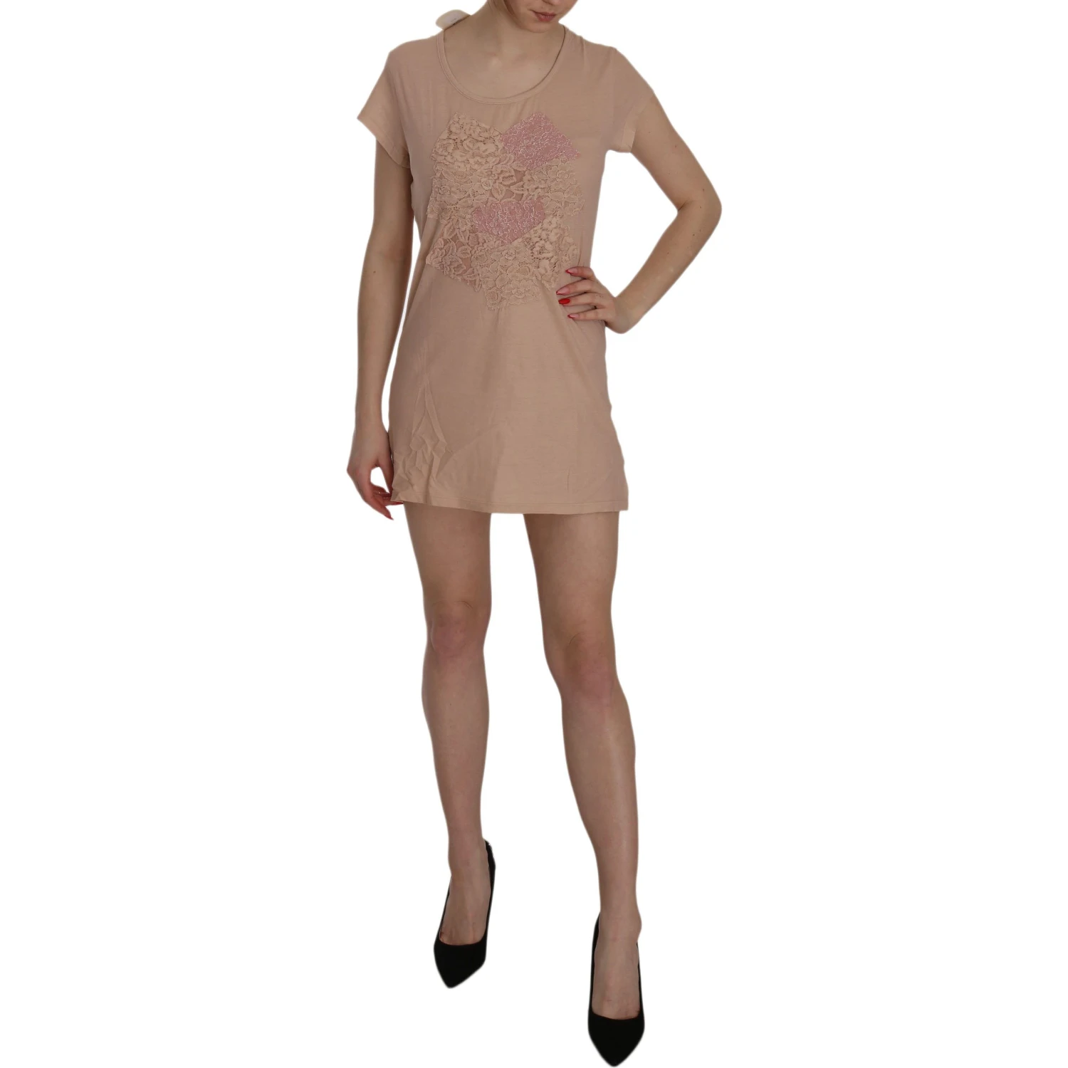 Pink Lace Short Sleeve Shift Mini Dress