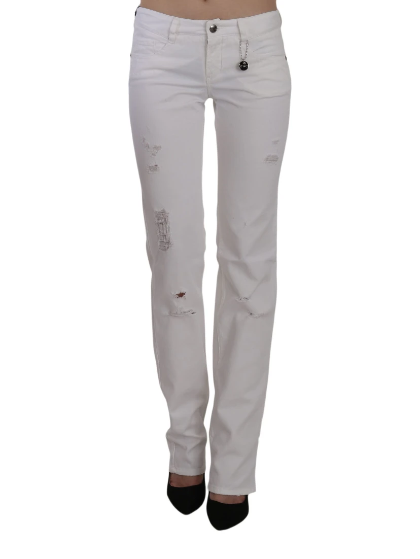 White Cotton Slim Fit Straight Jeans Pants
