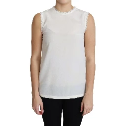 White Blouse Silk Lace Trimmed Sleeveless Top