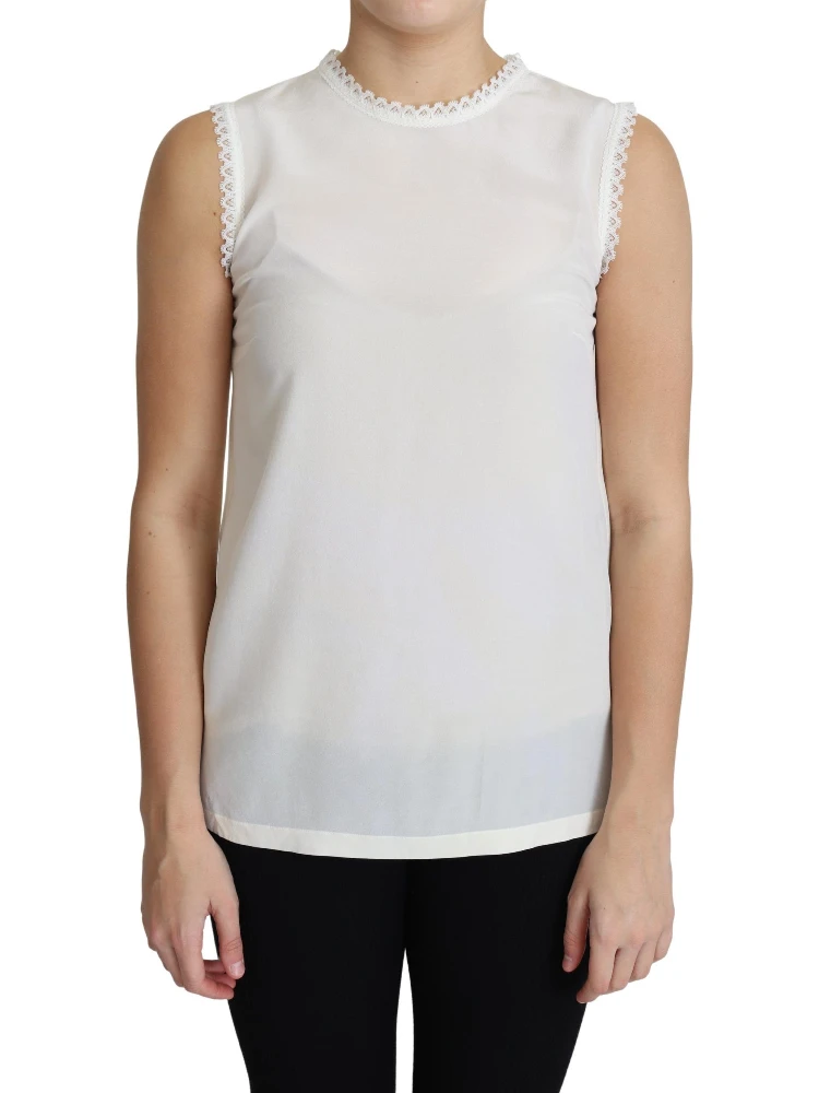 White Blouse Silk Lace Trimmed Sleeveless Top