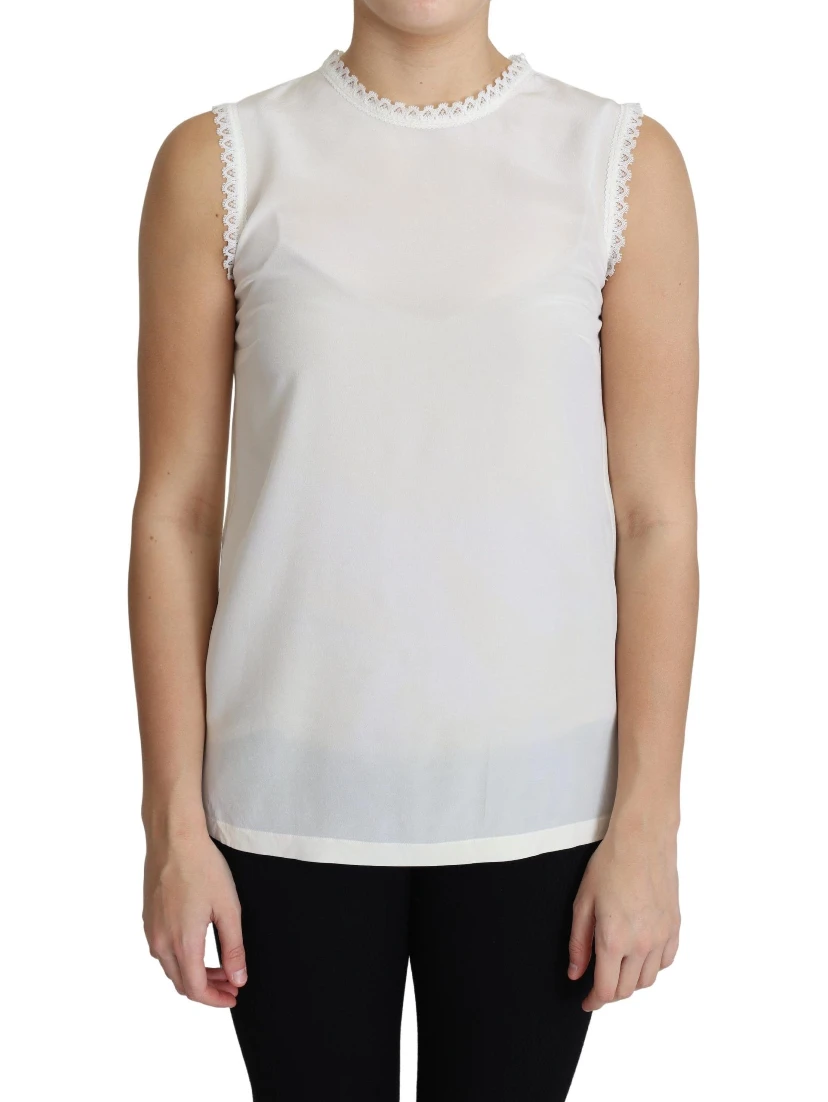White Blouse Silk Lace Trimmed Sleeveless Top