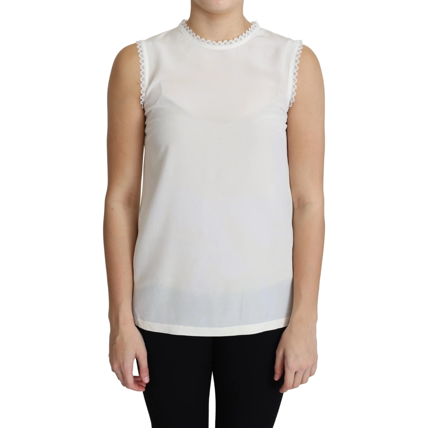 White Blouse Silk Lace Trimmed Sleeveless Top