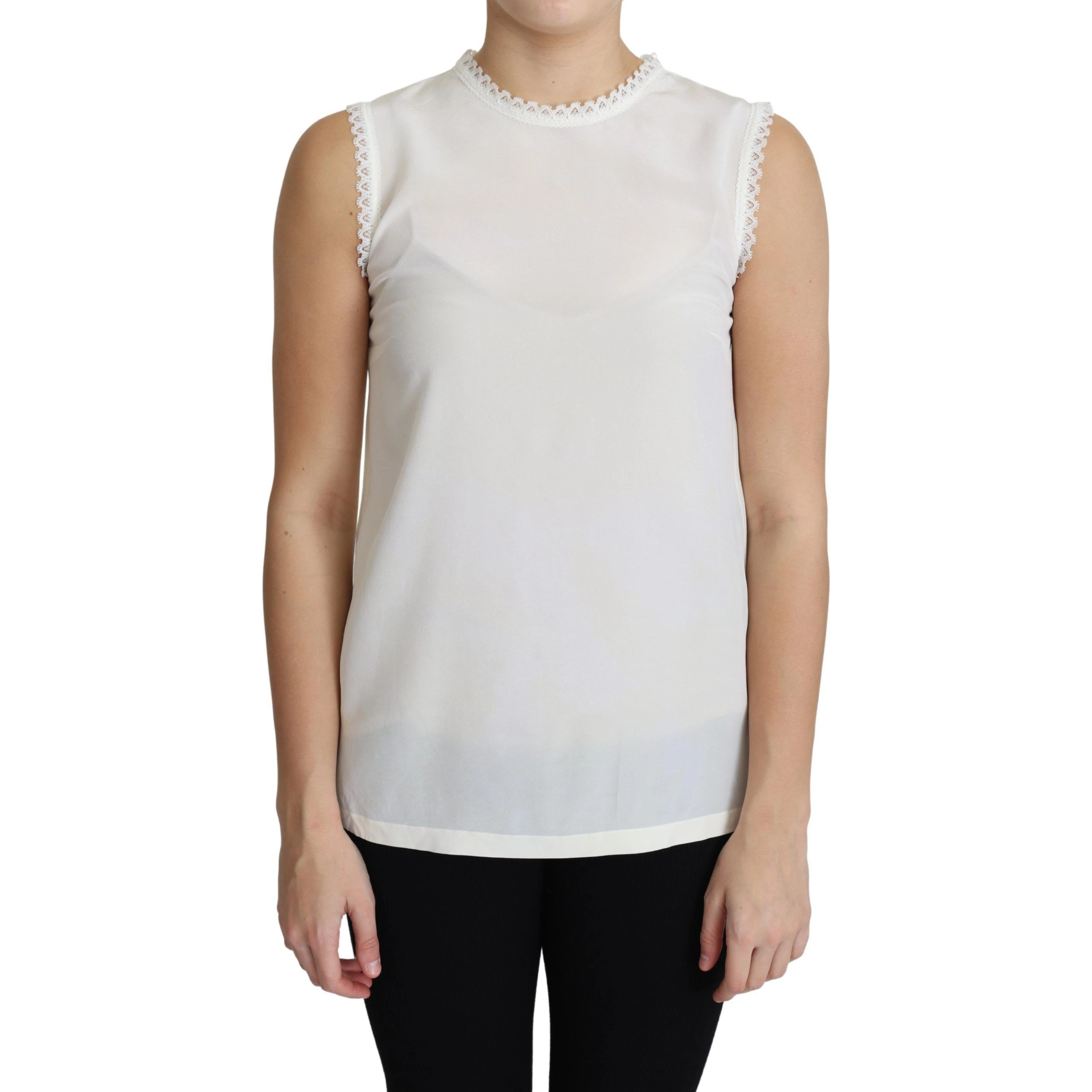 White Blouse Silk Lace Trimmed Sleeveless Top