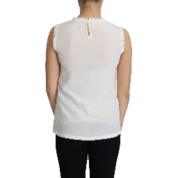 White Blouse Silk Lace Trimmed Sleeveless Top