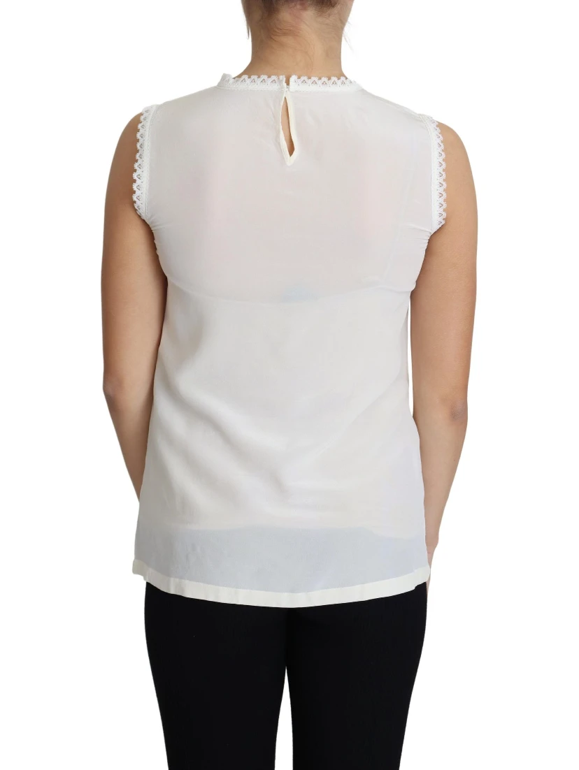 White Blouse Silk Lace Trimmed Sleeveless Top