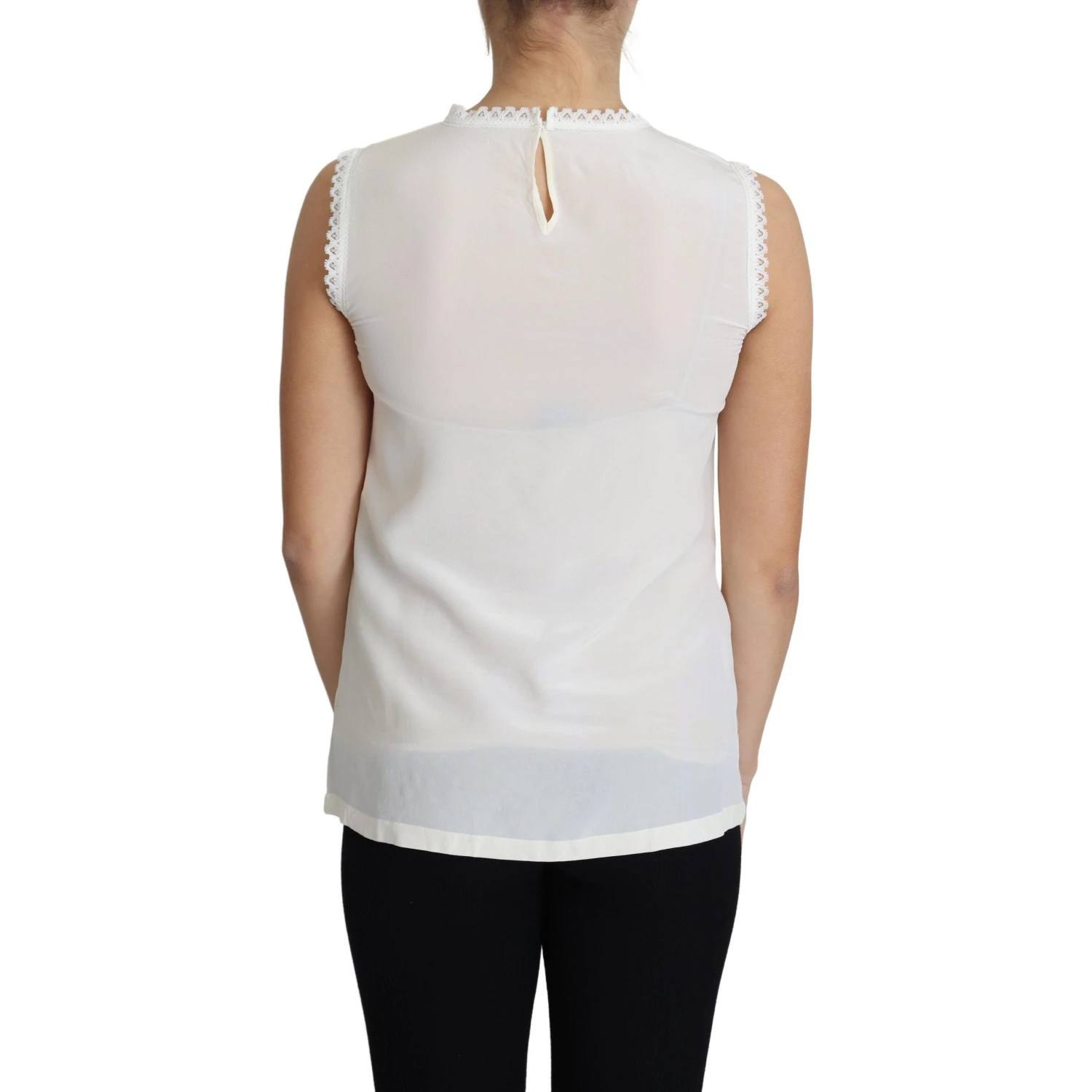 White Blouse Silk Lace Trimmed Sleeveless Top