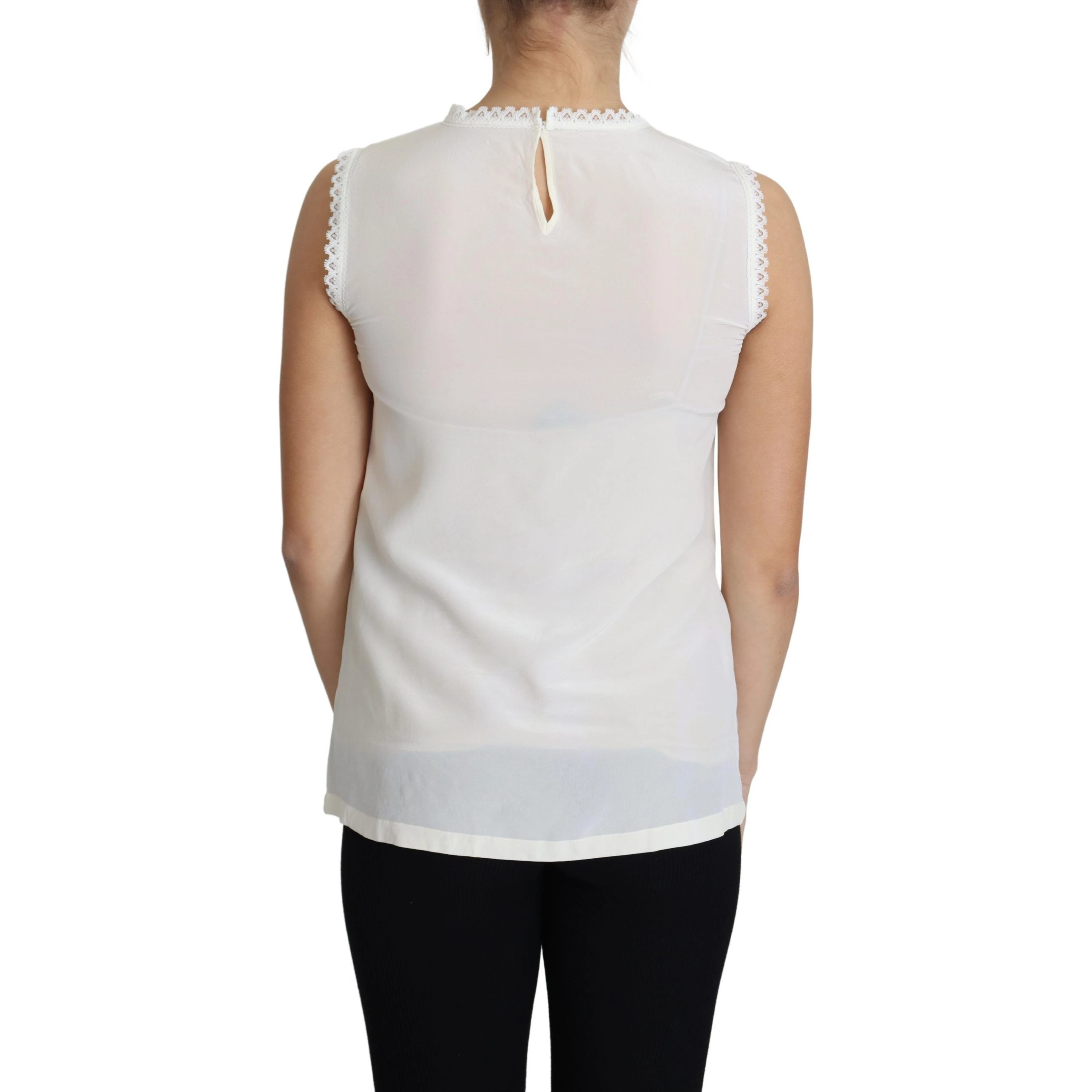 White Blouse Silk Lace Trimmed Sleeveless Top