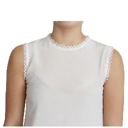 White Blouse Silk Lace Trimmed Sleeveless Top