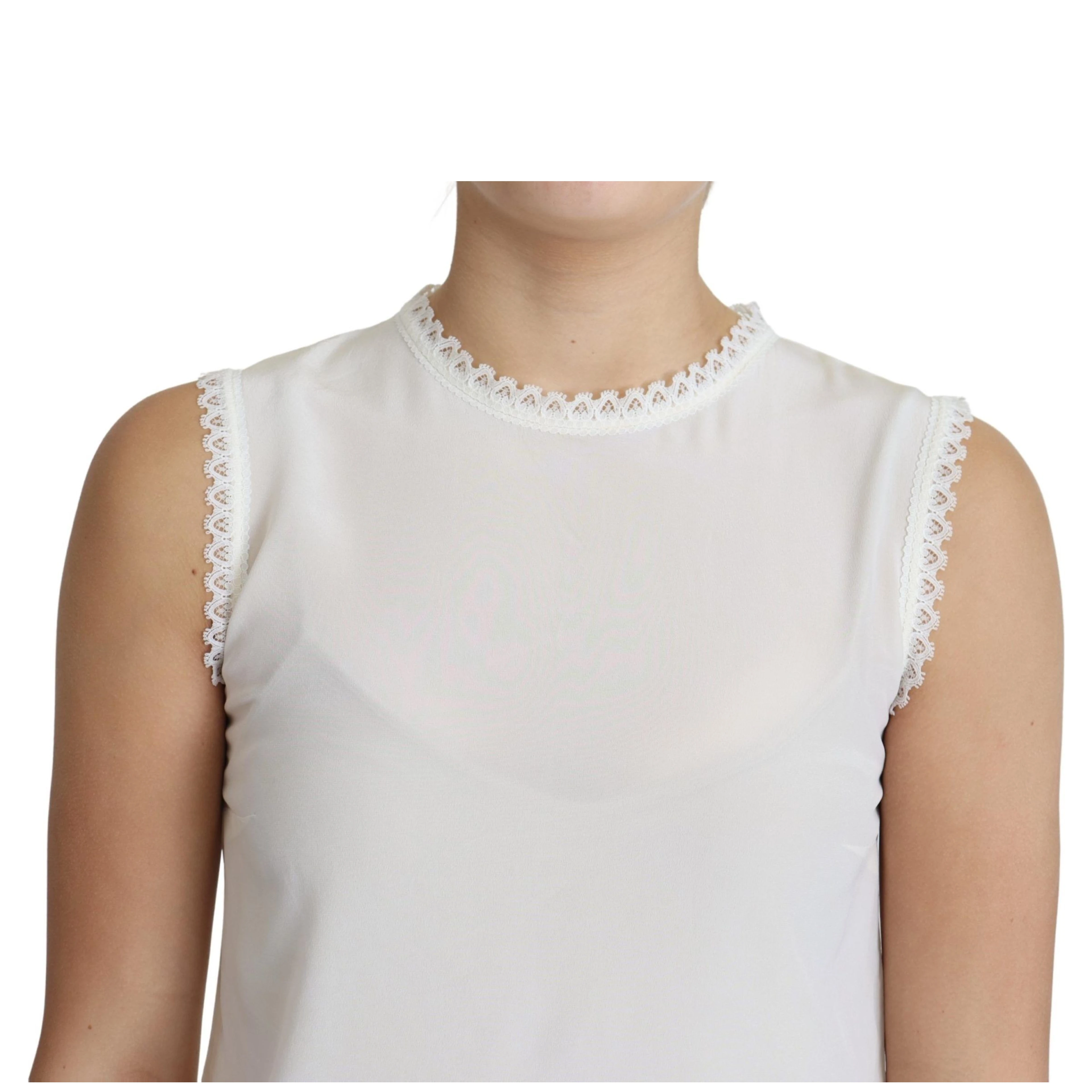 White Blouse Silk Lace Trimmed Sleeveless Top