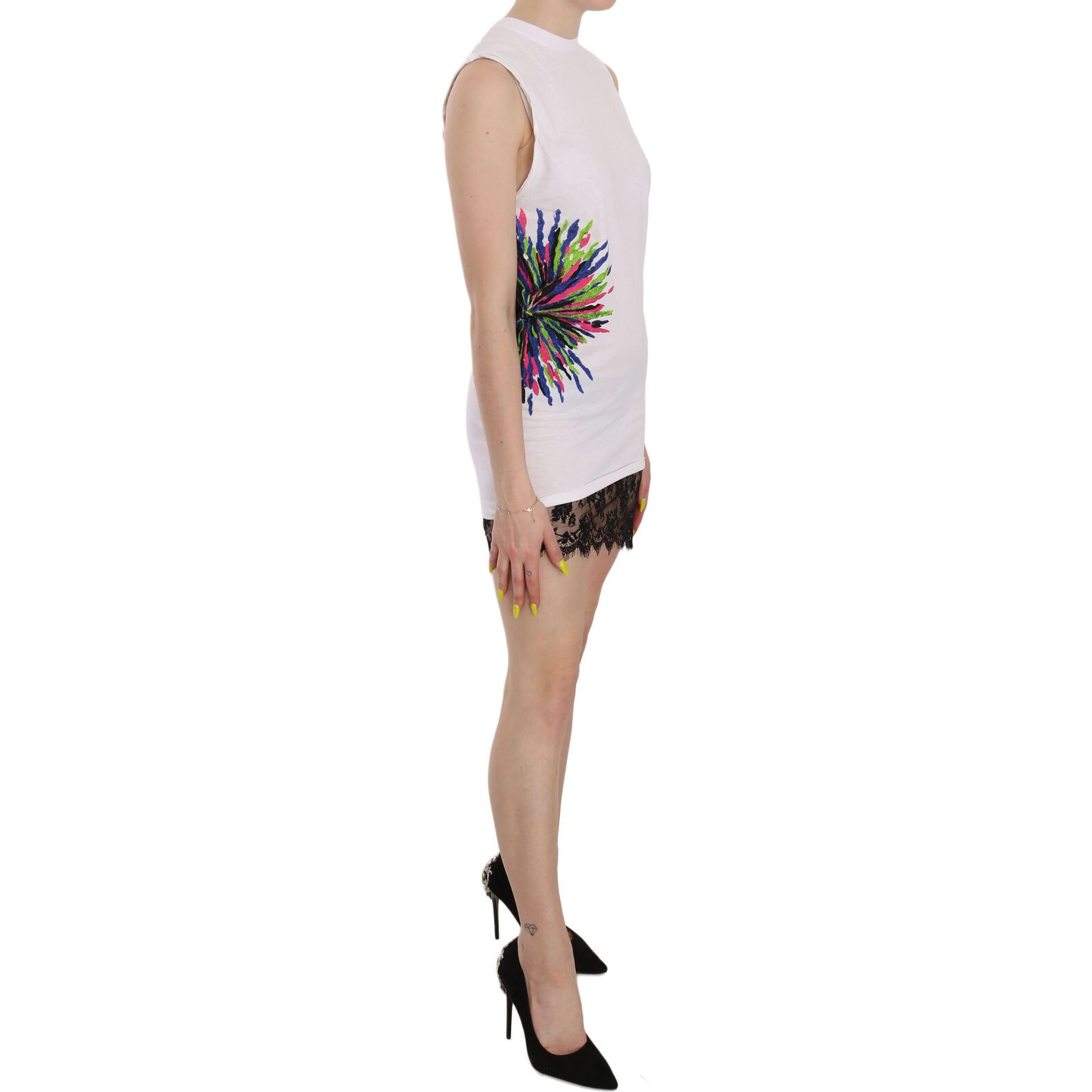 White Printed Crew Neck Sleeveless Bodycon Mini Dress