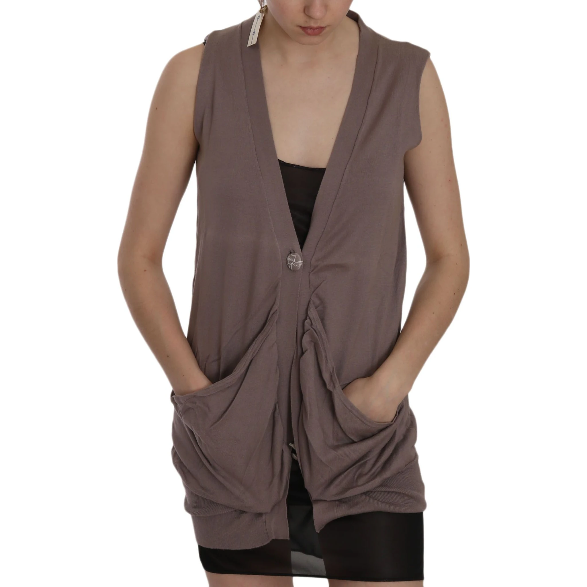 Brown 100% Cotton Sleeveless Cardigan Top Vest