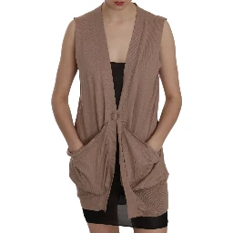 Brown 100% Cotton Sleeveless Cardigan Top Vest