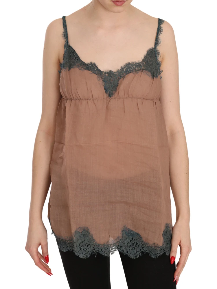 Brown Lace Spaghetti Strap Tank Top Blouse