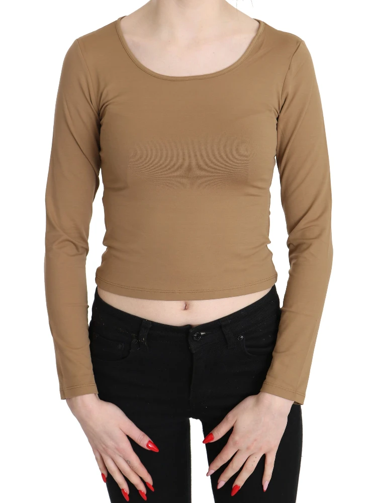 Brown Round Neck Long Sleeve Slim Crop Top Blouse