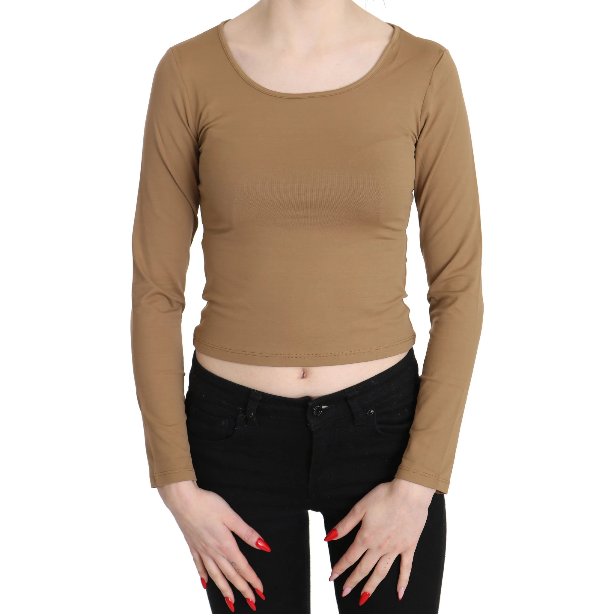 Brown Round Neck Long Sleeve Slim Crop Top Blouse