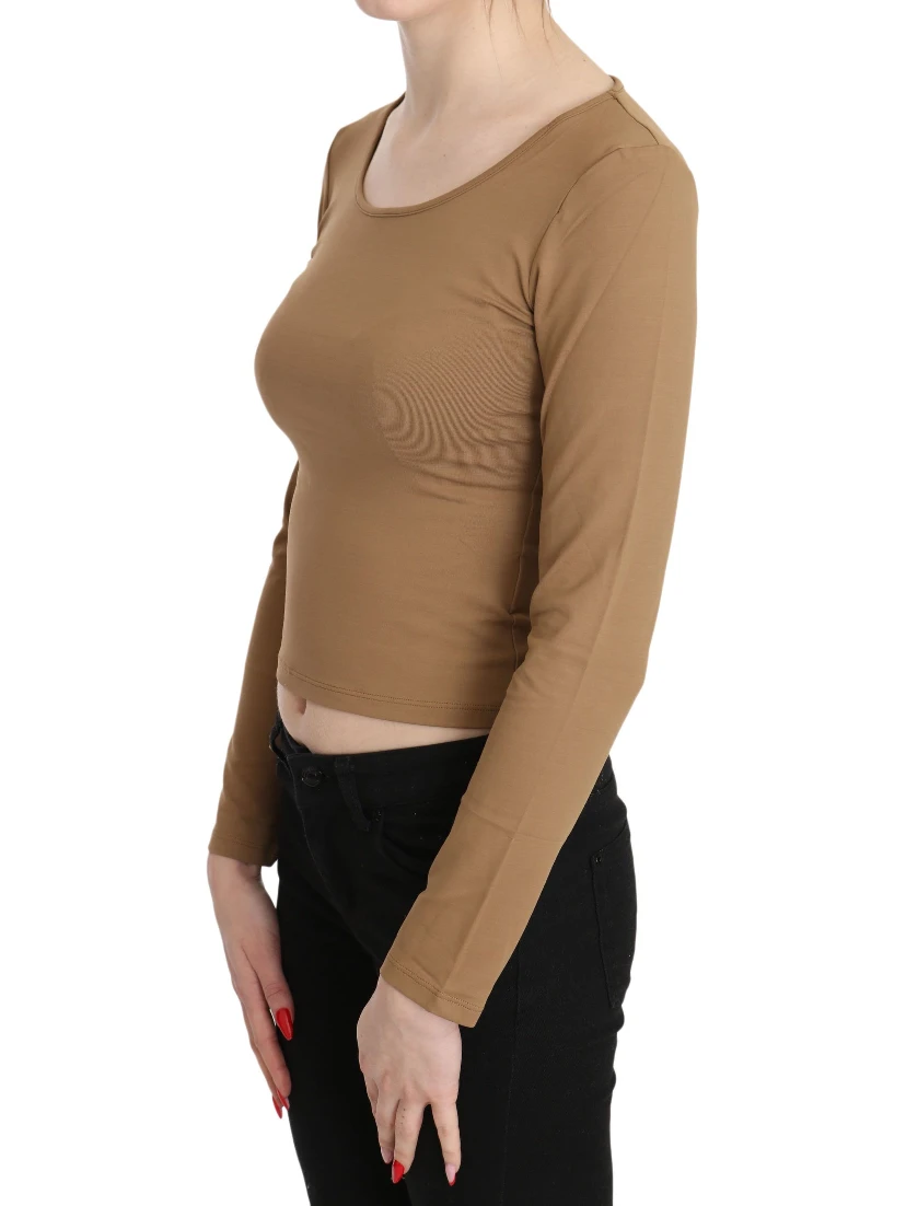 Brown Round Neck Long Sleeve Slim Crop Top Blouse