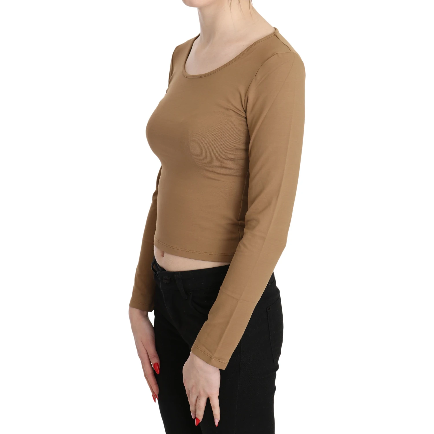 Brown Round Neck Long Sleeve Slim Crop Top Blouse