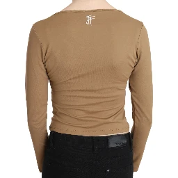 Brown Round Neck Long Sleeve Slim Crop Top Blouse