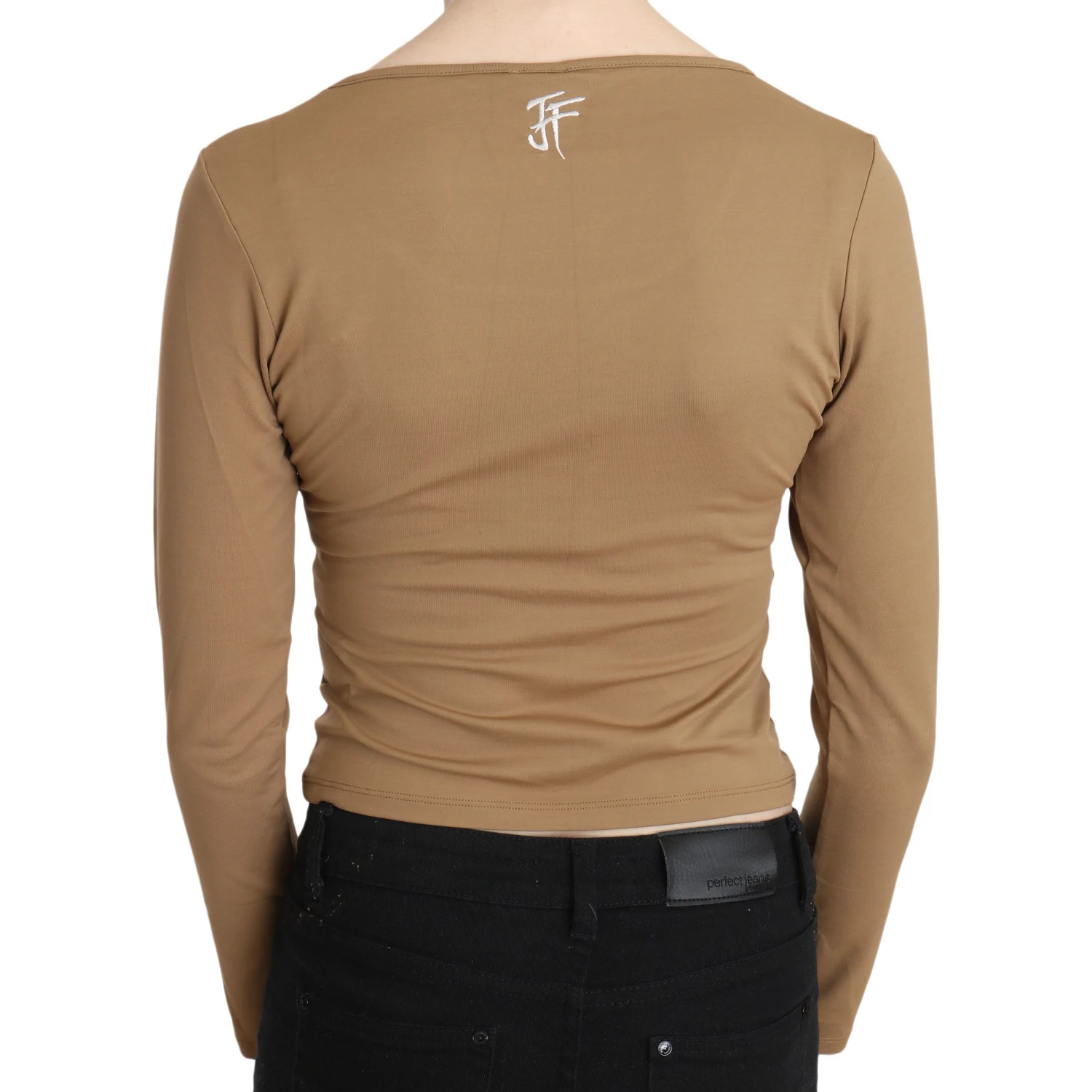 Brown Round Neck Long Sleeve Slim Crop Top Blouse