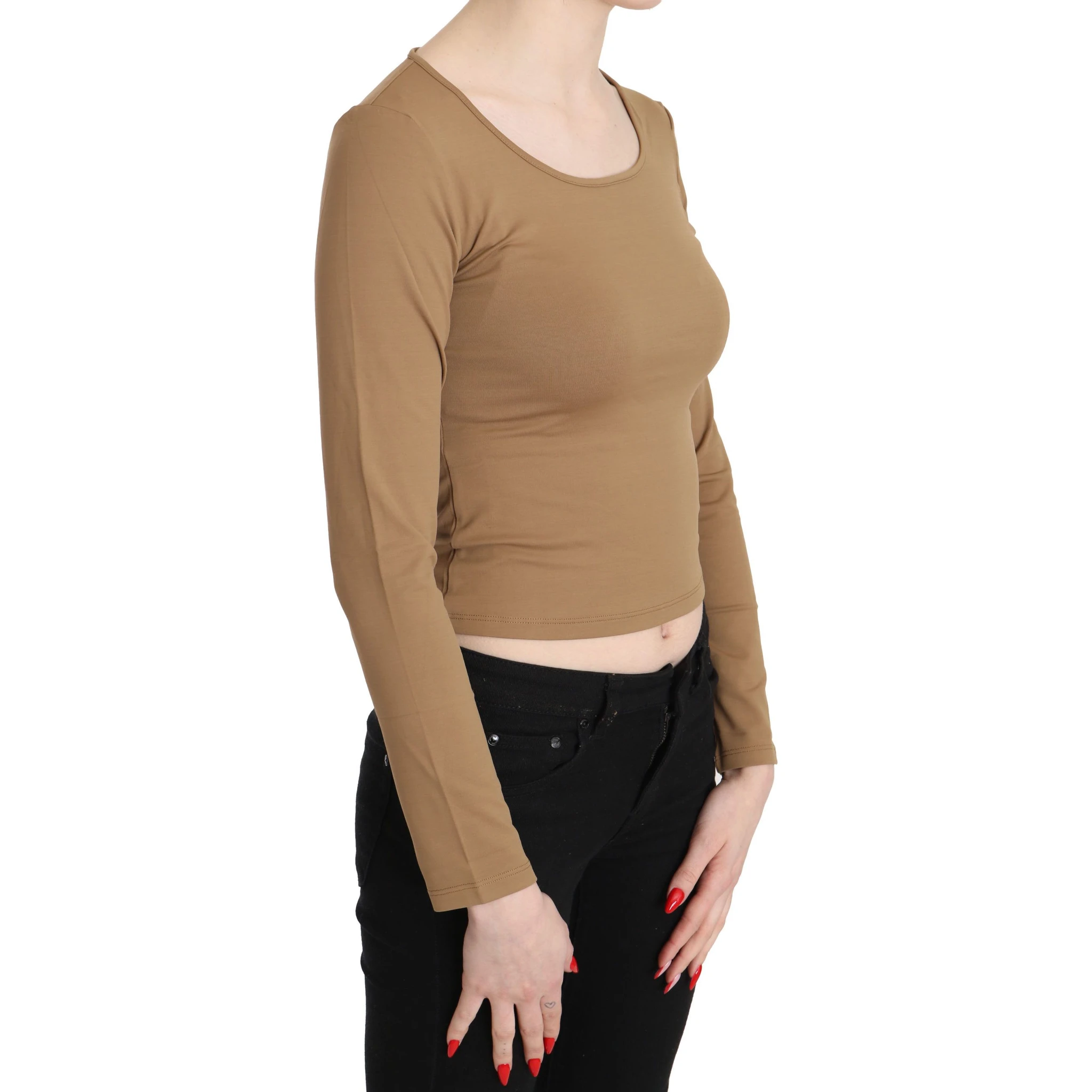 Brown Round Neck Long Sleeve Slim Crop Top Blouse