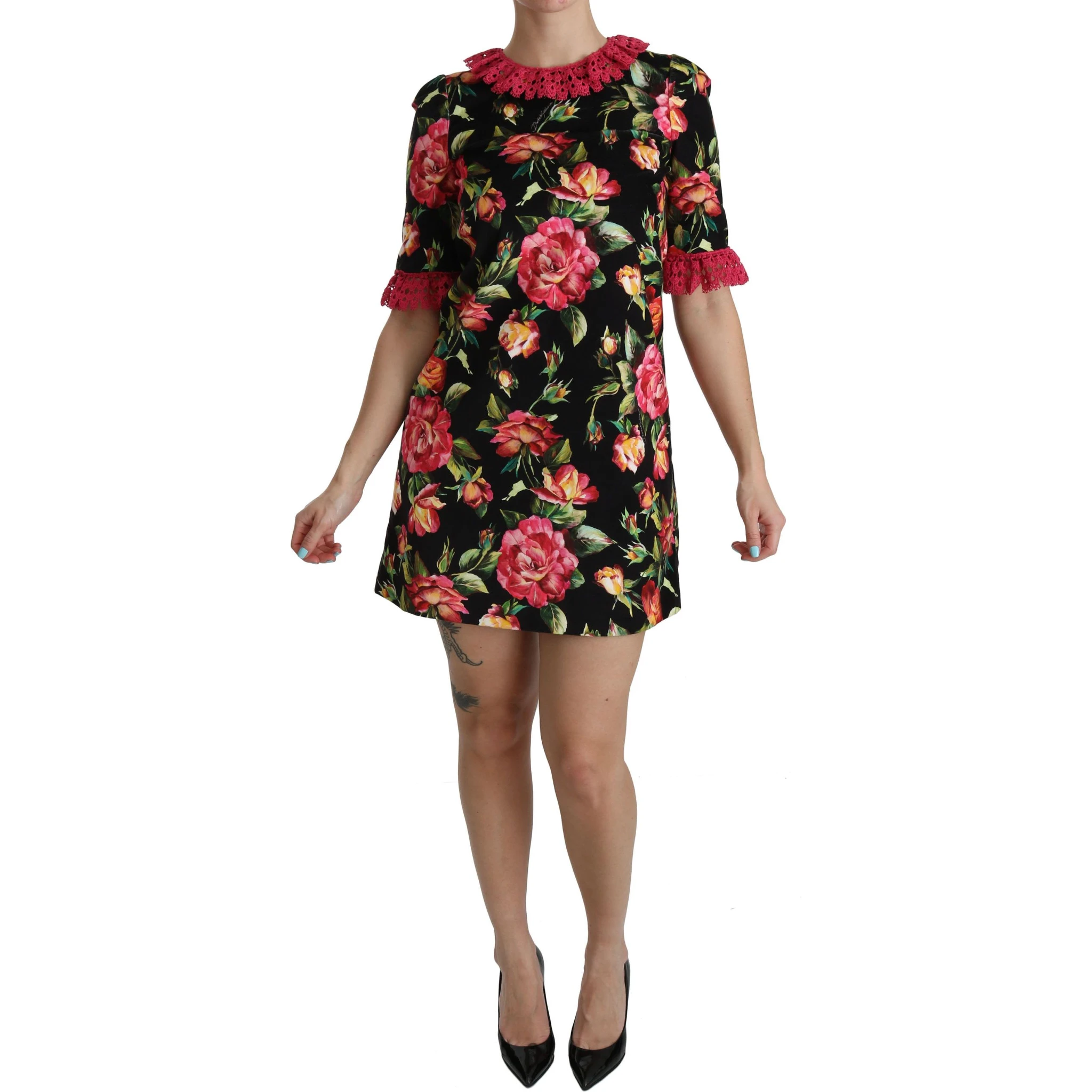 Floral Pink Lace A-Line Shift Mini Dress