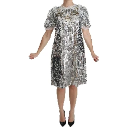 Silver Sequined Crystal Shift Gown Dress