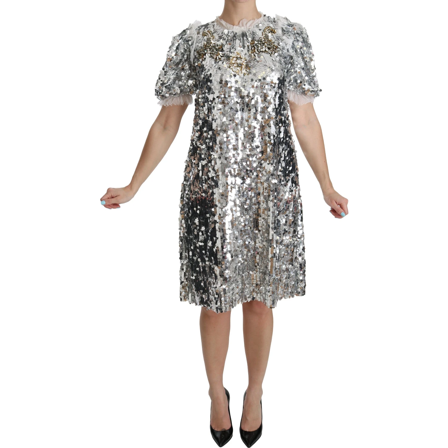 Silver Sequined Crystal Shift Gown Dress