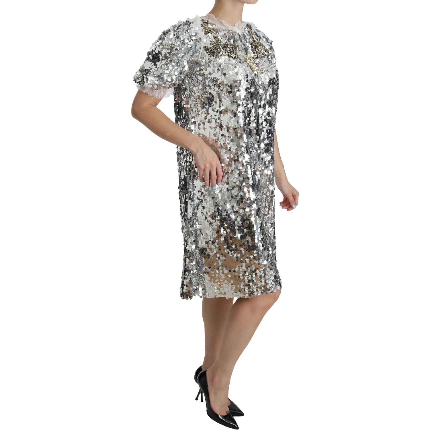 Silver Sequined Crystal Shift Gown Dress