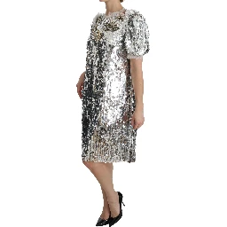 Silver Sequined Crystal Shift Gown Dress