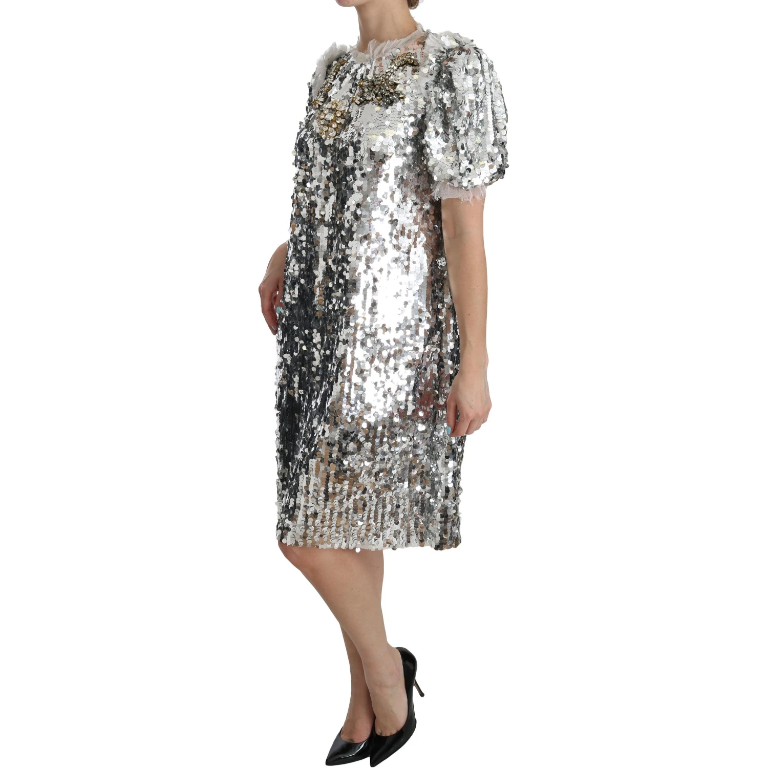 Silver Sequined Crystal Shift Gown Dress