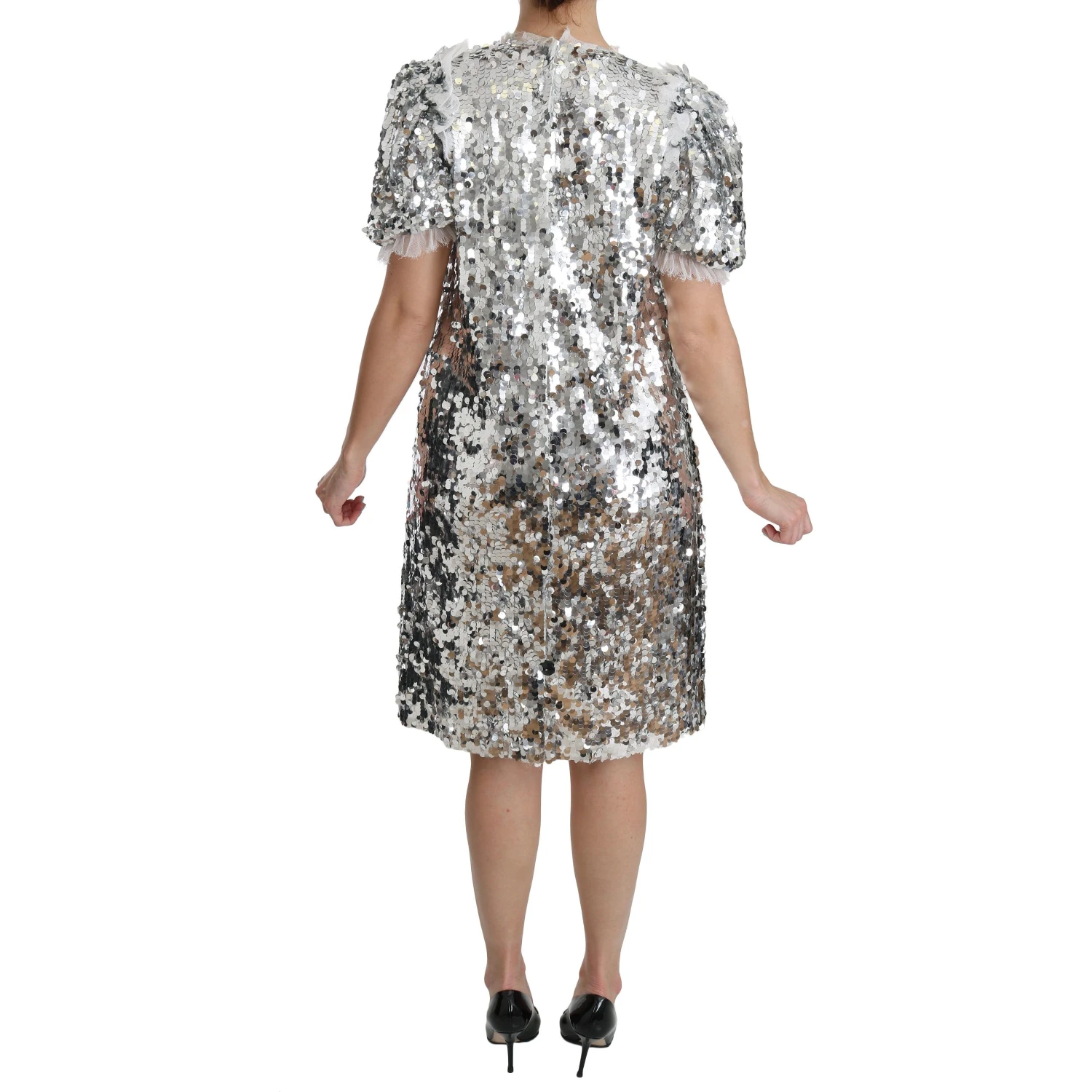 Silver Sequined Crystal Shift Gown Dress