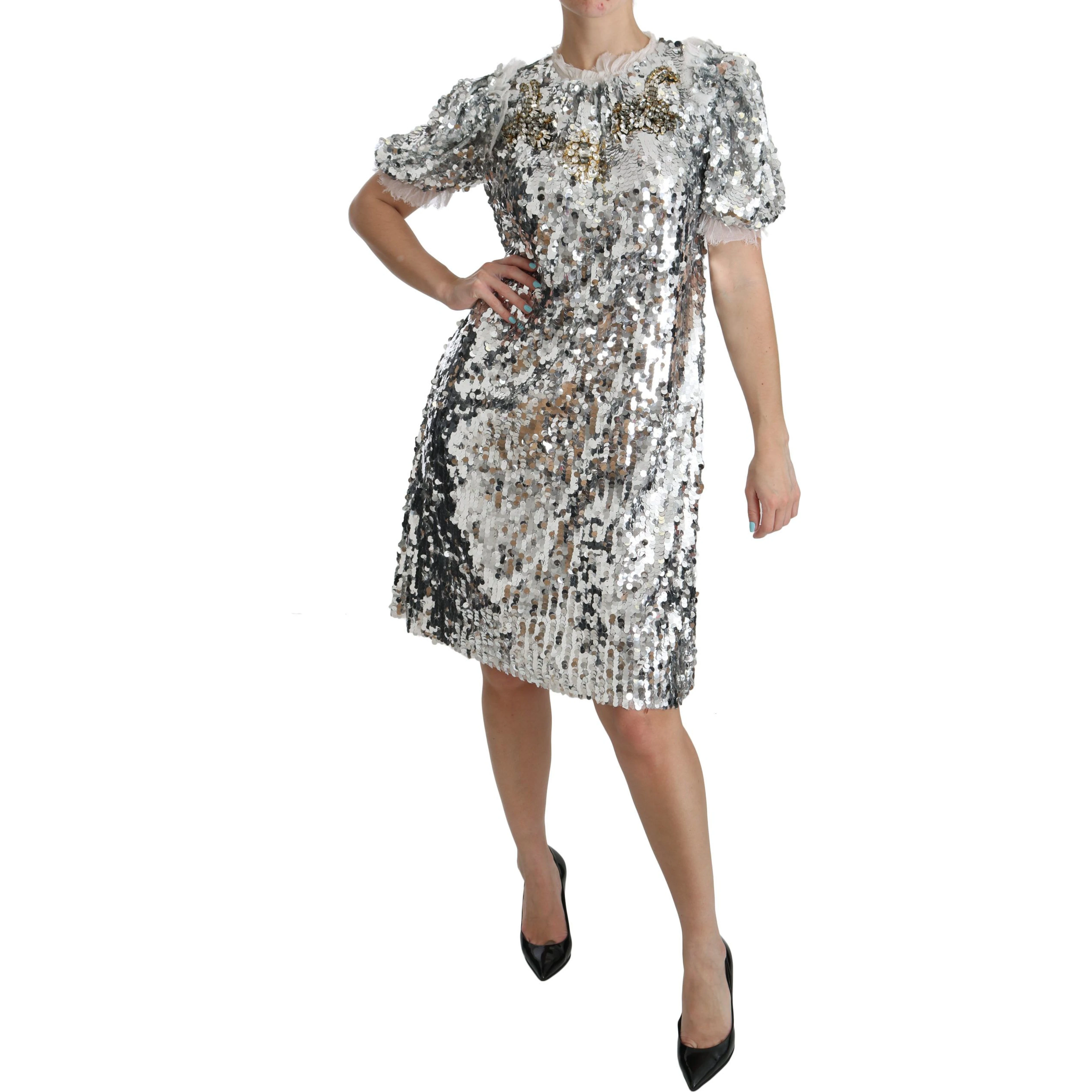 Silver Sequined Crystal Shift Gown Dress