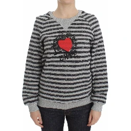Gray Striped Cotton Crewneck Sweater