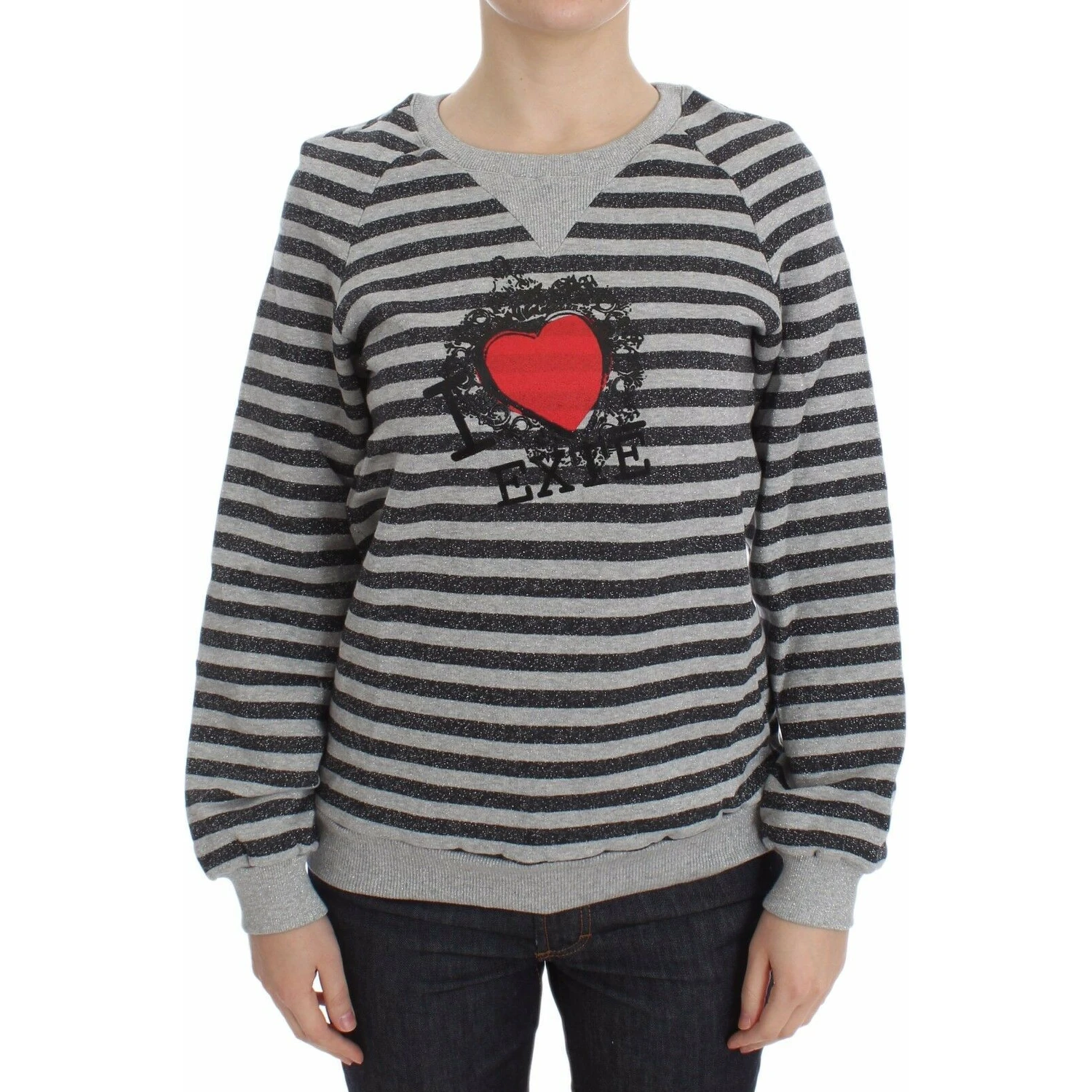 Gray Striped Cotton Crewneck Sweater