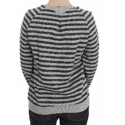 Gray Striped Cotton Crewneck Sweater