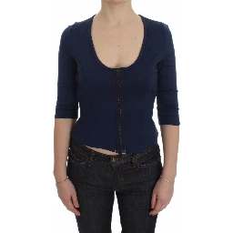 Blue Cotton Top Zipper Deep Crew-neck Sweater