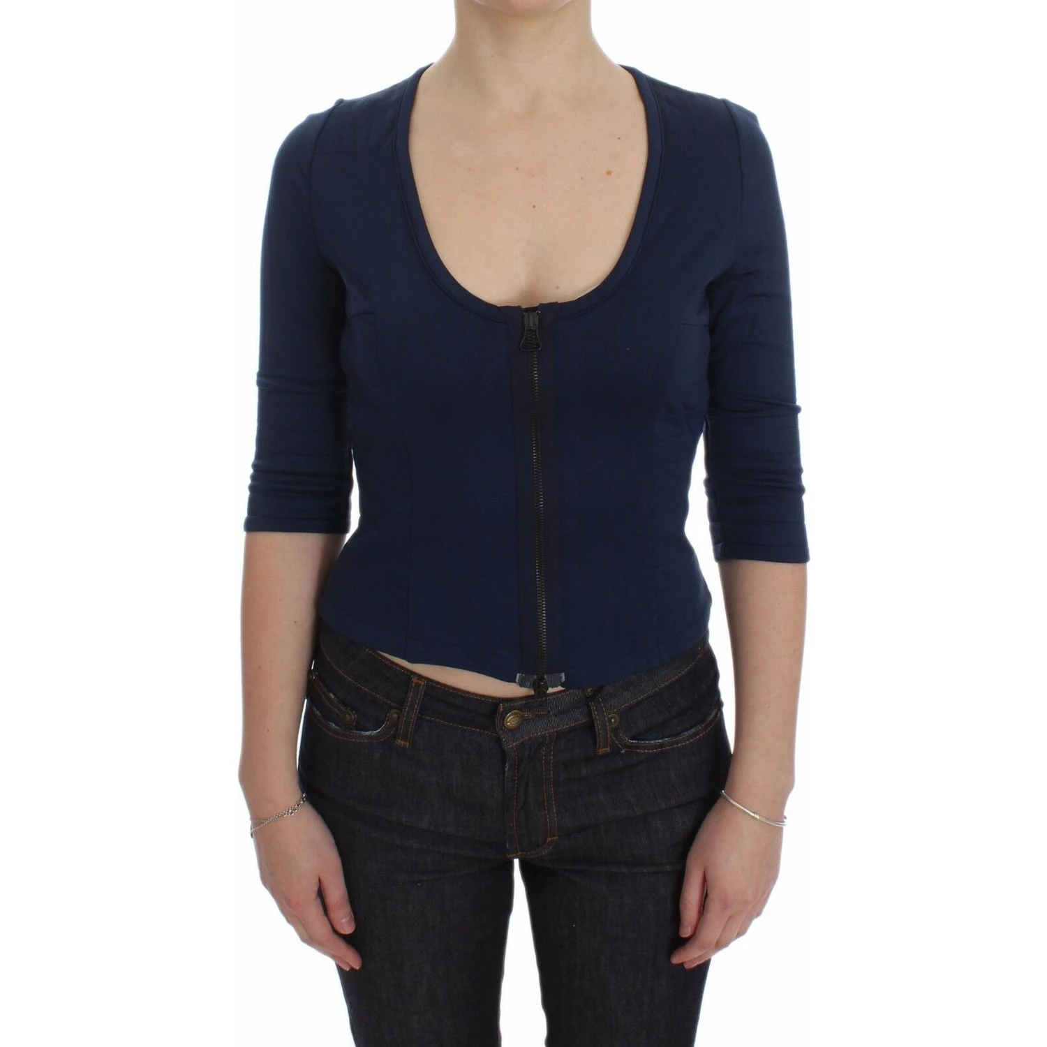 Blue Cotton Top Zipper Deep Crew-neck Sweater