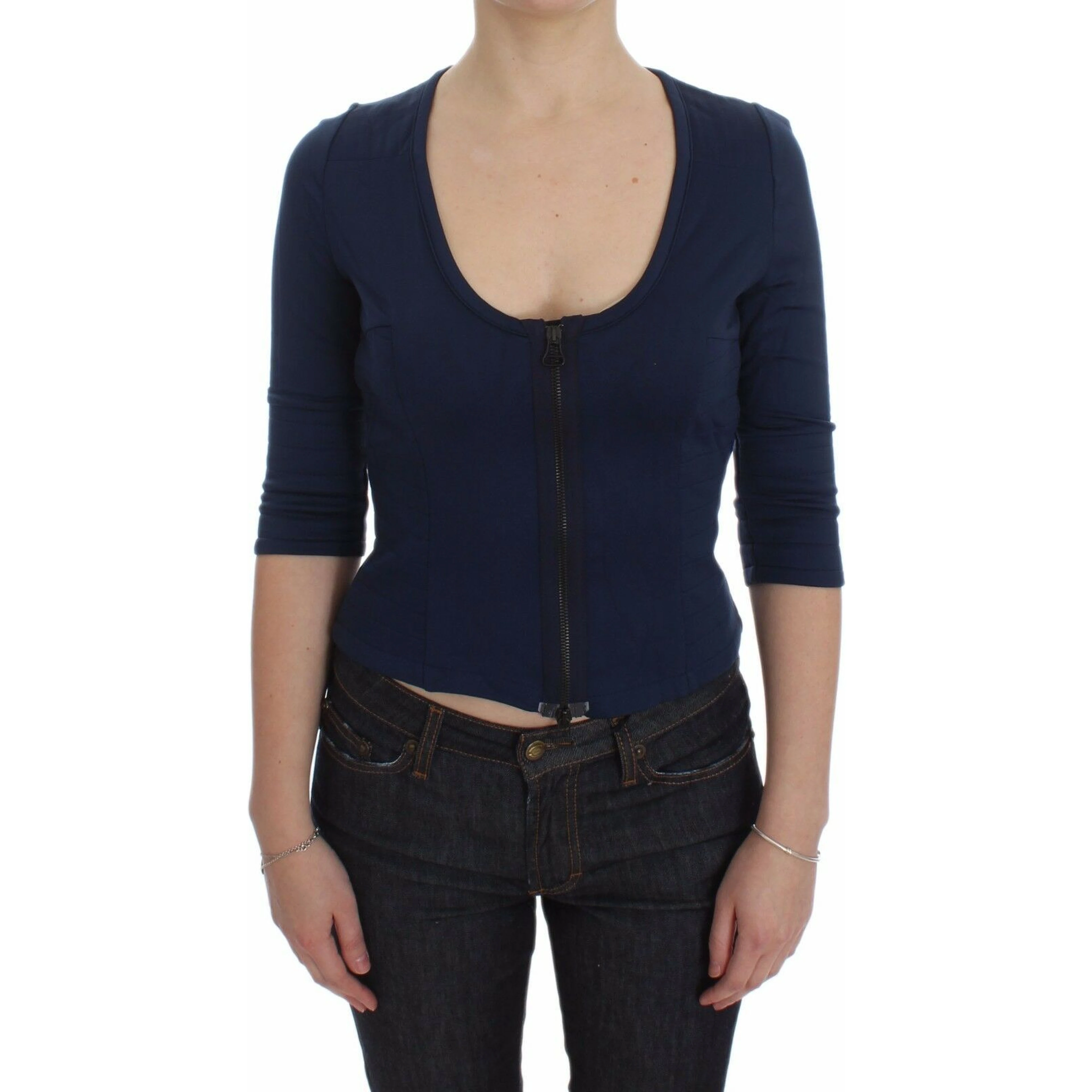 Blue Cotton Top Zipper Deep Crew-neck Sweater