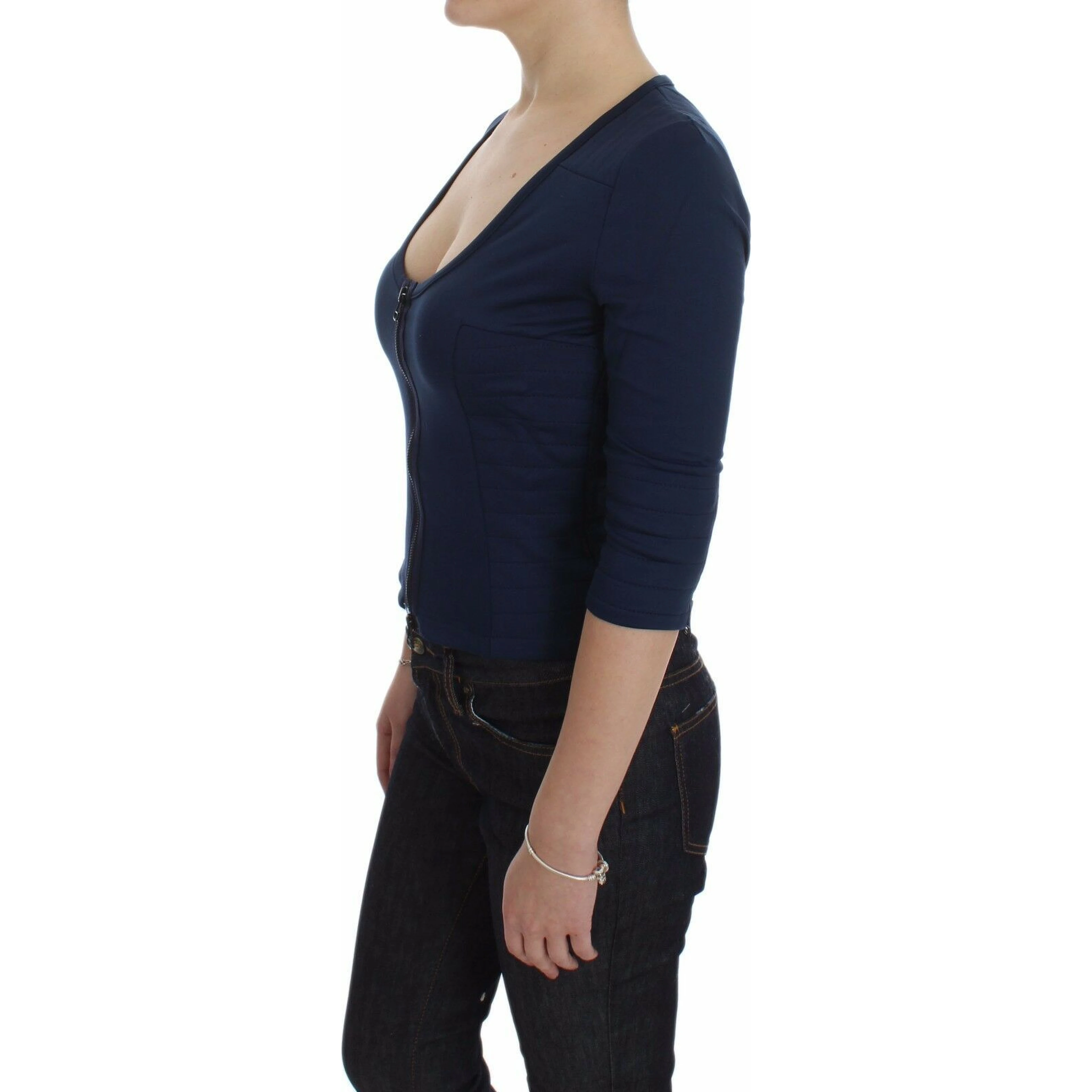 Blue Cotton Top Zipper Deep Crew-neck Sweater