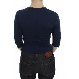 Blue Cotton Top Zipper Deep Crew-neck Sweater