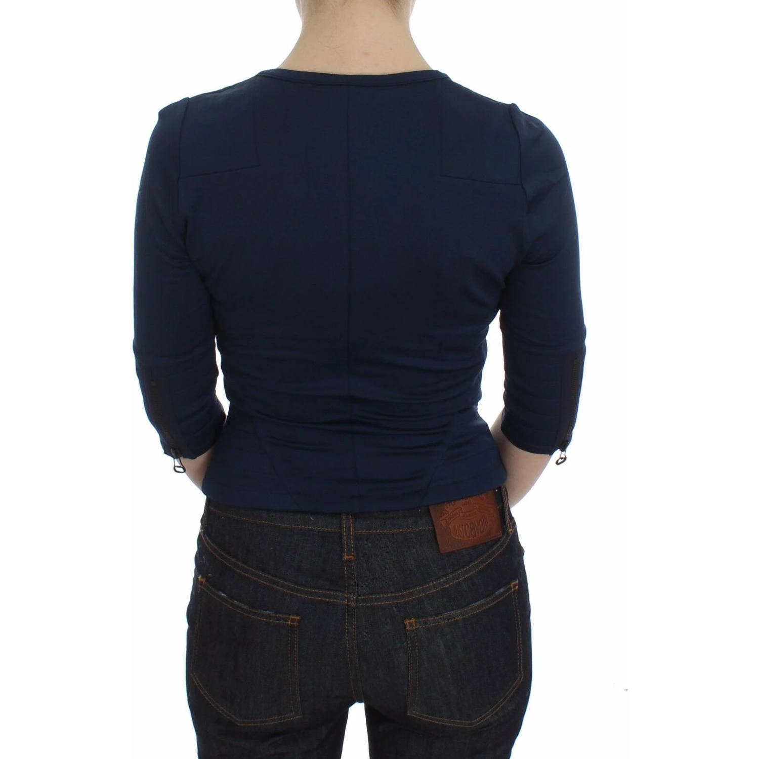 Blue Cotton Top Zipper Deep Crew-neck Sweater