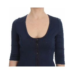 Blue Cotton Top Zipper Deep Crew-neck Sweater