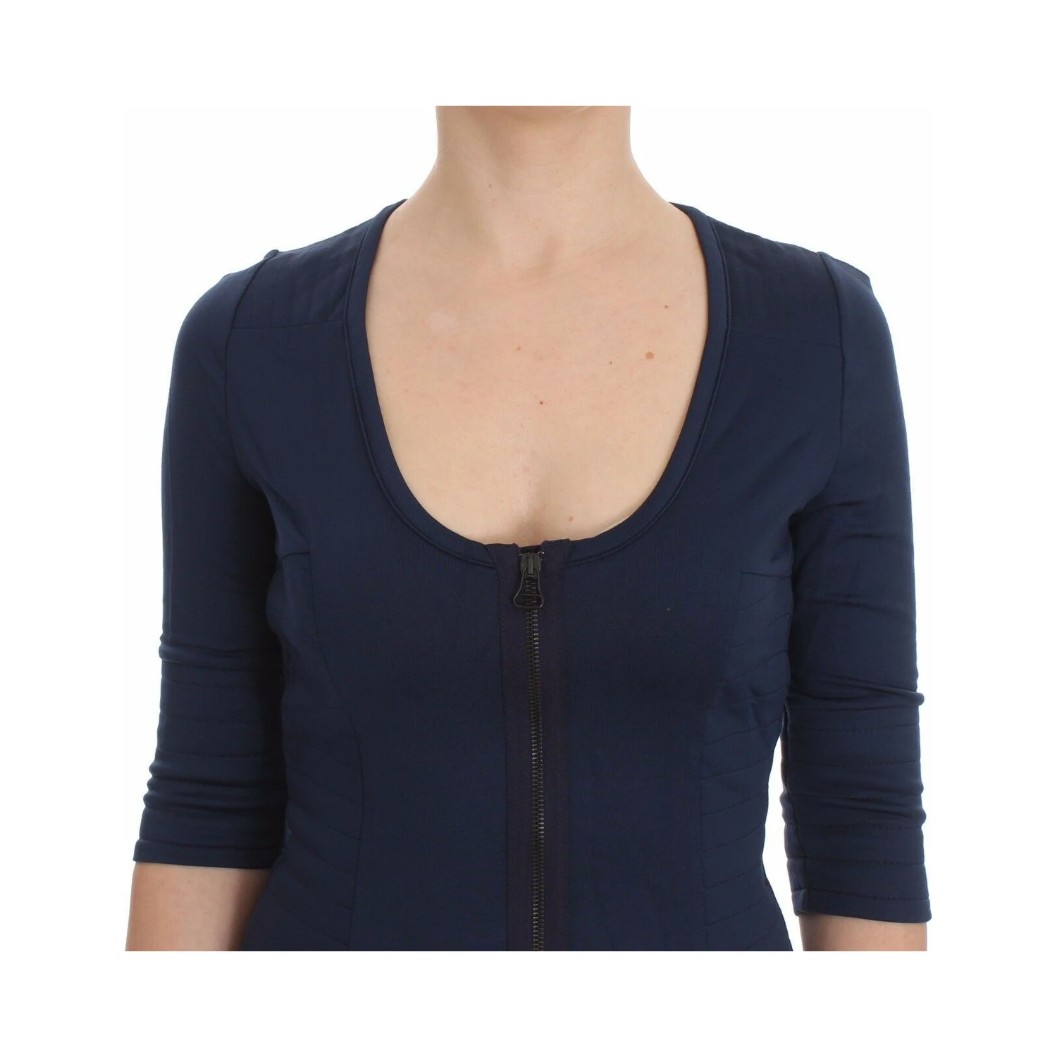 Blue Cotton Top Zipper Deep Crew-neck Sweater
