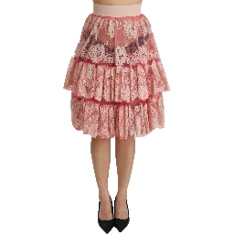 Pink Lace Layered High Waist Knee Length Skirt