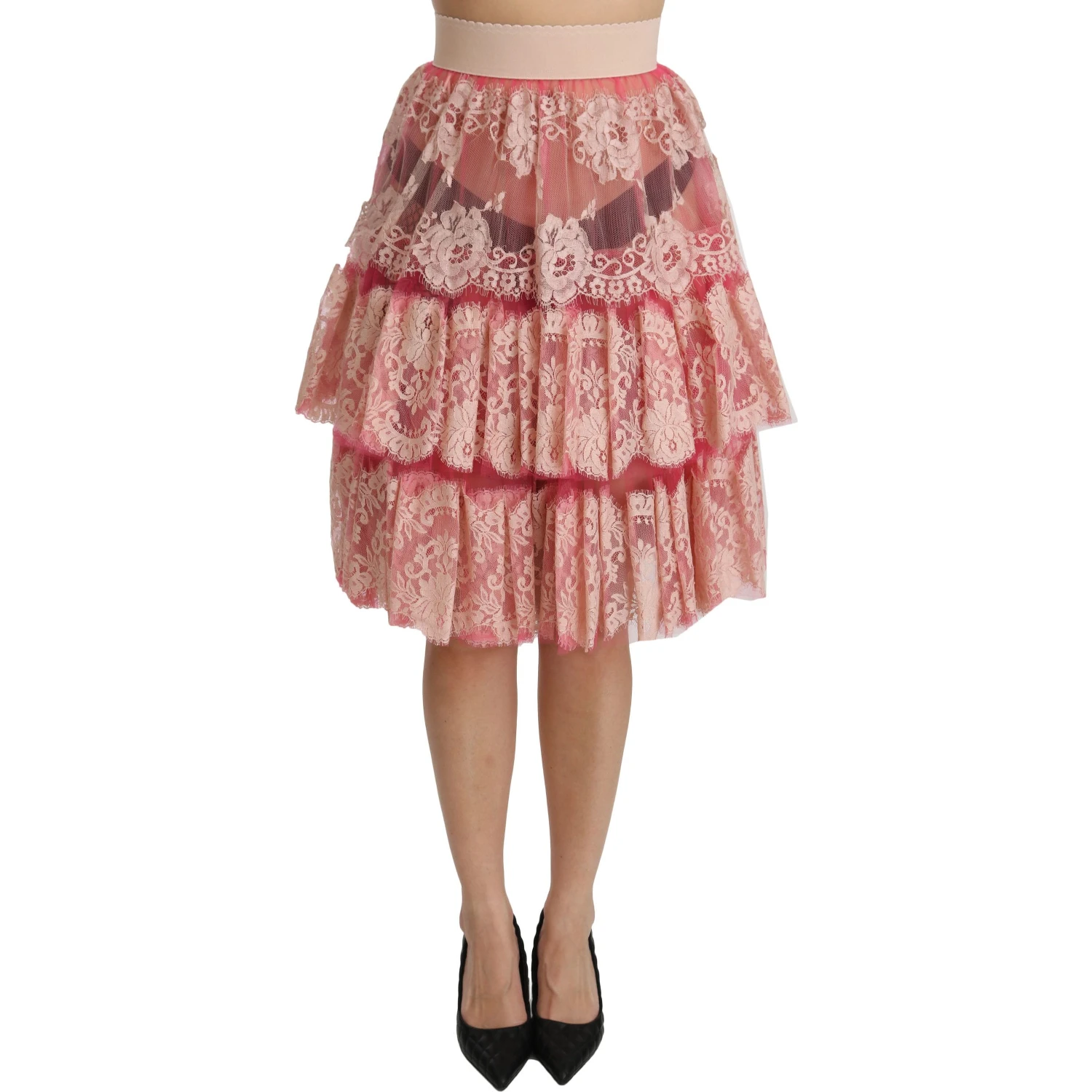 Pink Lace Layered High Waist Knee Length Skirt