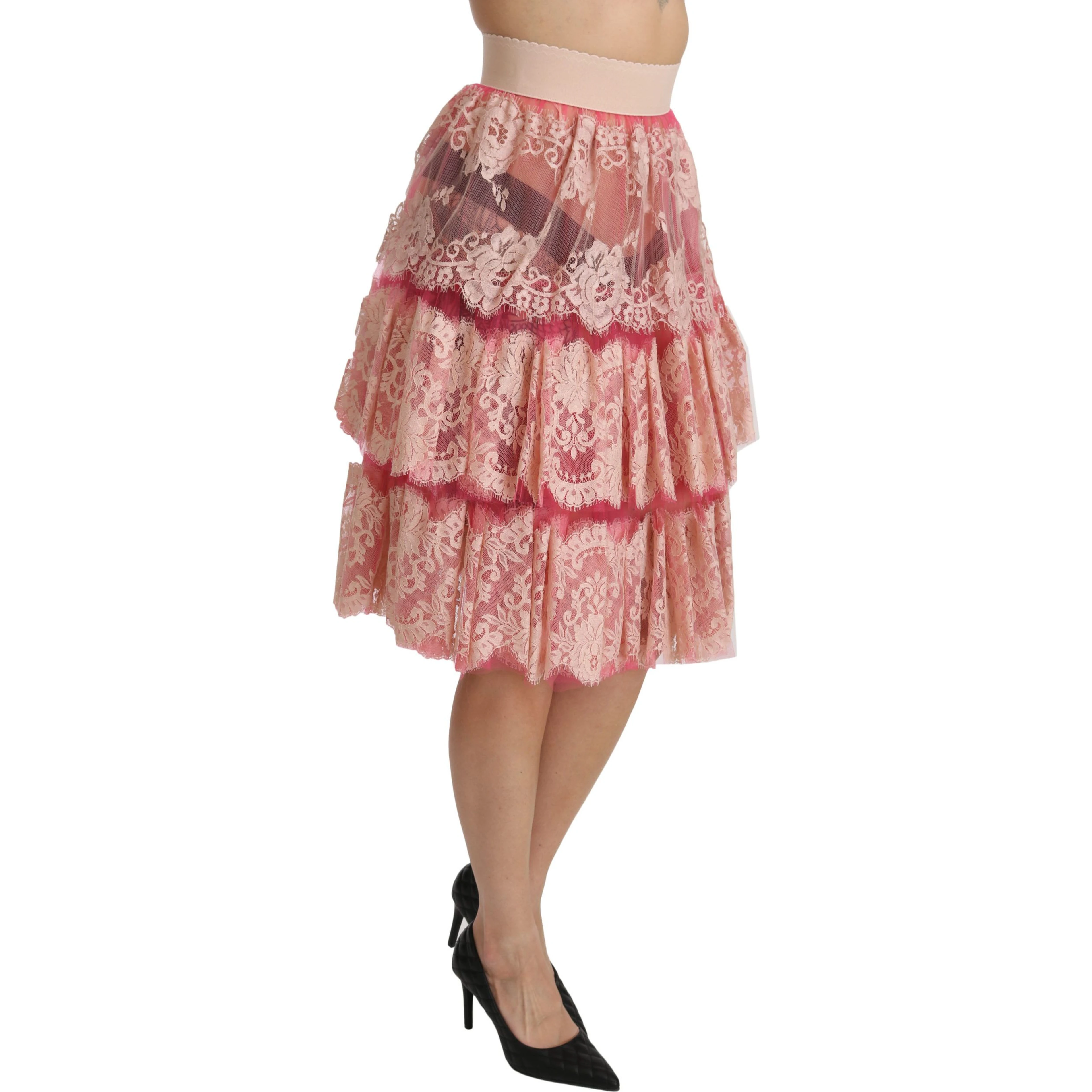 Pink Lace Layered High Waist Knee Length Skirt