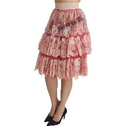 Pink Lace Layered High Waist Knee Length Skirt