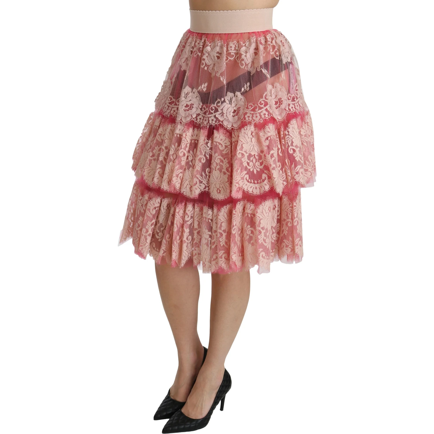 Pink Lace Layered High Waist Knee Length Skirt