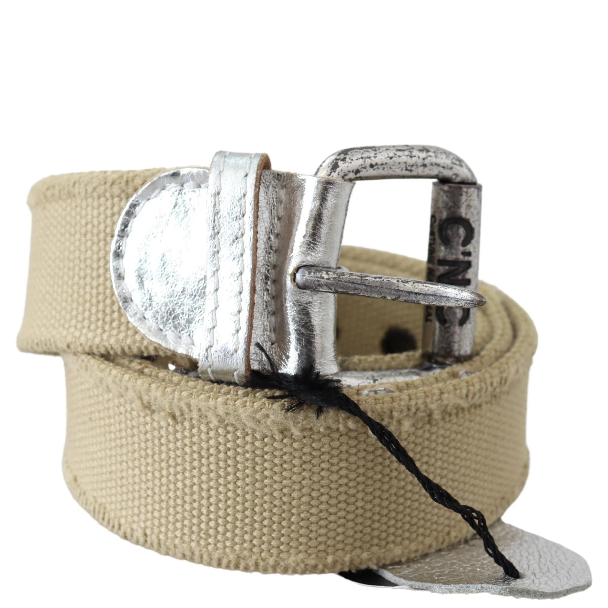 Beige Cotton Rustic Logo Buckle Belt